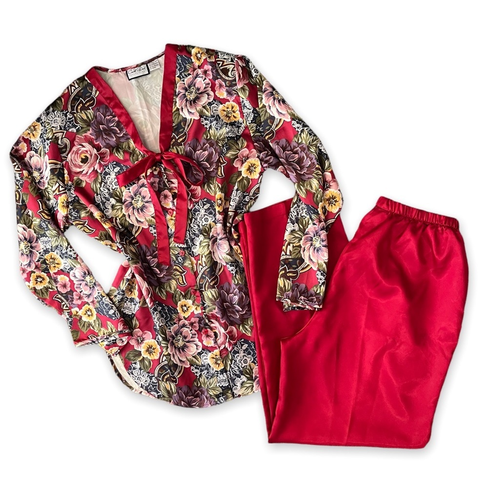 Vintage Floral Satin Matching Shirt & Pants Set
